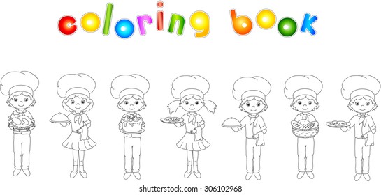 Set of cartoon waiter, cook and chef. Vector illustration. Coloring book for kids