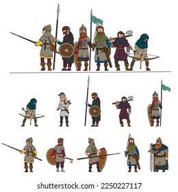 set of cartoon warriors with weapons in different poses. vector