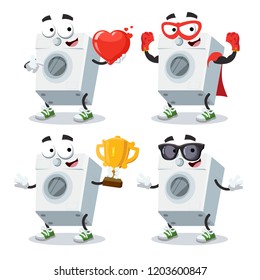 set of cartoon washing machine character mascot on white background
