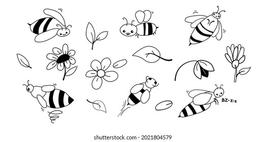 Set of cartoon wasps. Wasps and flowers isolated on white background. Children's vector illustration.