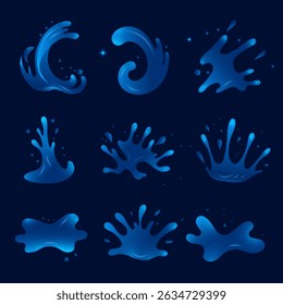 Set of cartoon water splash elements in blue glossy style on dark background. Collection includes drops, waves and liquid splashes for games, animation or UI design.

