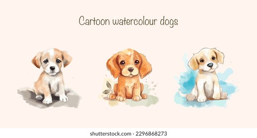 Set of cartoon watercolour dogs. Puppies collection.