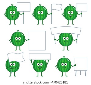 Set of cartoon watermelon characters posing with different blank banners. Cheerful watermelon holding placard, paper, poster, pointing to whiteboard, teach, promote. Flat style vector illustration