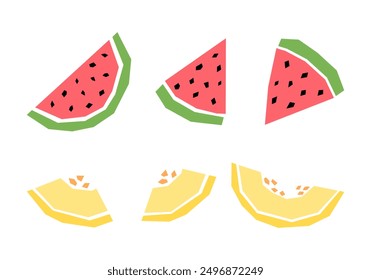 Set of cartoon watermelon and melon slice isolated on white. Geometric fruits collection elements for logo, print, design.