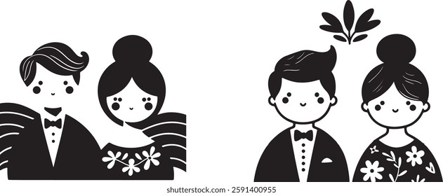 set  of Cartoon Wedding couple Silhouette, Wedding vector art illustration,Wedding ceremony - bride and groom together for your design