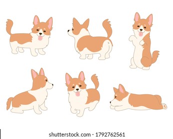 Set of cartoon welsh corgi on white background. Vector illustration.