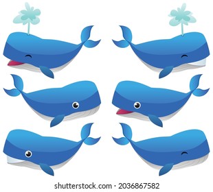 Set with cartoon whale character in 6 different poses.