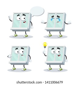 set of cartoon white closed plastic window character mascot on white background
