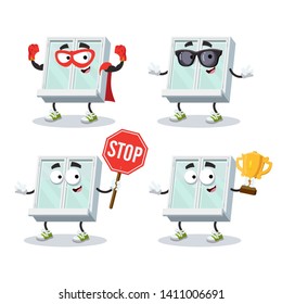set of cartoon white closed plastic window character mascot on white background