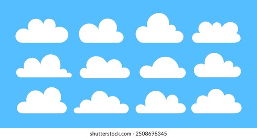 Conjunto de desenhos animados nuvens brancas ilustrações em estilo de design plano. Vista das nuvens no céu azul