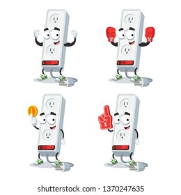 set of cartoon white electrical power strip 3-way plug socket character mascot on white background