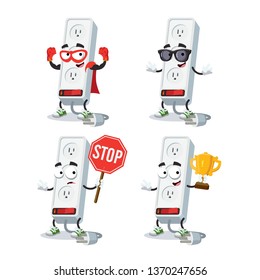 set of cartoon white electrical power strip 3-way plug socket character mascot on white background