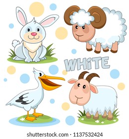 Set of cartoon white illustrations with wild animals and pets and birds for children and design, image of a hare, rabbit, sheep, goat and pelican.