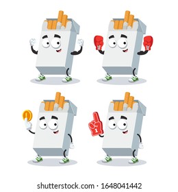 set of cartoon white pack of cigarettes character mascot on white background