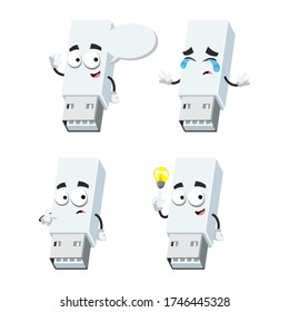 conjunto de dibujos animados blanco de la tarjeta de memoria USB mascota del personaje de la tarjeta de memoria sobre fondo blanco