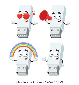 conjunto de dibujos animados blanco de la tarjeta de memoria USB mascota del personaje de la tarjeta de memoria sobre fondo blanco