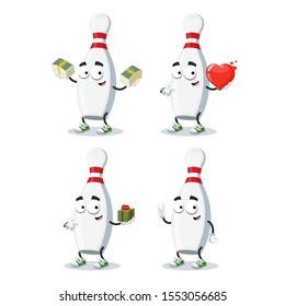set of cartoon white wooden bowling pin character mascot on white background