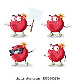 set of cartoon whole fresh pomegranate fruit character mascot on white background