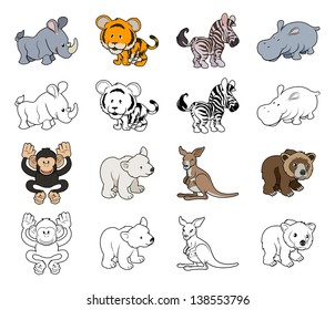 A set of cartoon wild animal illustrations. Color and black an white outline versions.