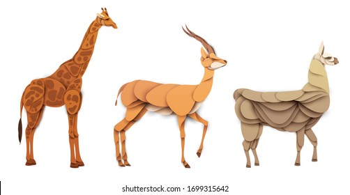 Conjunto de caricaturas de animales salvajes en el estilo gráfico artesanal de papel de moda. Girafa, antílope, llama. Diseño moderno para portada publicitaria, afiche, banner. Ilustración del vector