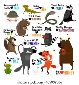 Set of cartoon wild animals with captions