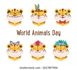 The set of cartoon wild animals. The collection tigers faces are good for world animals day designs, etc. Vector illustration