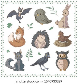 Set of cartoon wild animals and forest leaves. Decor elements for gift card and kids products. Vector illustration.