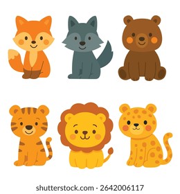 Set of cartoon wild animals including fox, wolf, bear, tiger, lion, and leopard. Flat colorful illustration on white background. Wildlife and jungle animals concept. Design for sticker, card