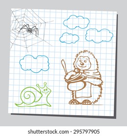 Set of cartoon wild animals and insect, color outline