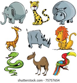 Set of cartoon wild animals isolated on white
