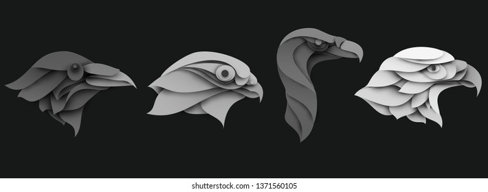 Set of cartoon wild birds head in trendy paper cut craft graphic style. Eagle, hawk, raven, griffon vulture. Modern design for advertising cover, poster, banner. Vector illustration