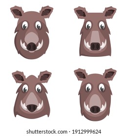 Set of cartoon wild boars. Different shapes of animal heads.