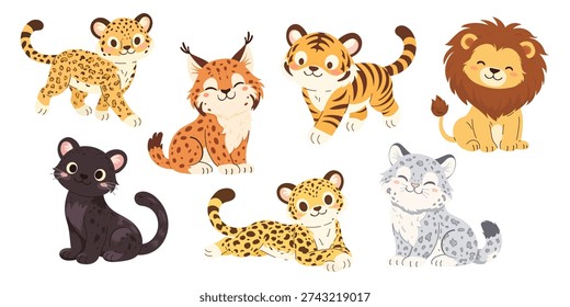Set of cartoon wild cats. Flat vector illustrations in cartoon style. Cute lion, tiger, jaguar, puma, snow leopard, lynx.