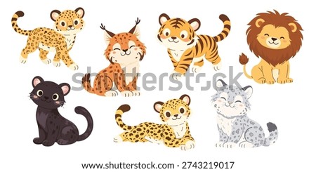 Set of cartoon wild cats. Flat vector illustrations in cartoon style. Cute lion, tiger, jaguar, puma, snow leopard, lynx.