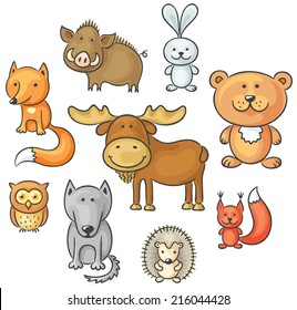 Set of cartoon wild forest animals