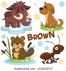 Set of cartoon wild, pets and insects for children and design. Illustration of a mammoth or elephant on an ice floe, a beaver, a muro and a brown dog.
