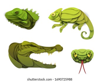 Set of cartoon wild reptiles head in trendy paper cut craft graphic style. Iguana, crocodile, chameleon, snake. Modern design for advertising cover, poster, banner. Vector illustration