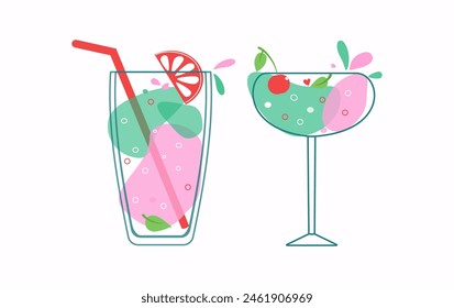 Set of cartoon wine glasses. Delicious summer alcoholic fruit cocktails. Multi-colored drinks in glasses. Mixed cold drinks. Fresh exotic tropical beach bar. Alcohol, lemonade.