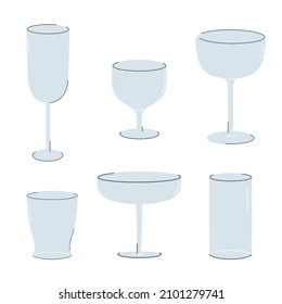 Conjunto de gafas de vino de dibujos animados y gafas de ilustración plana vectorial. Colección de diferentes tipos de recipientes de vidrio aislados sobre fondo blanco.