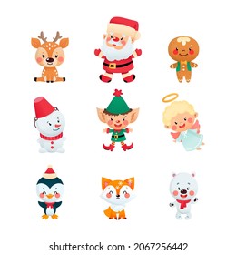 Set of cartoon winter characters. Collection of cute Christmas icons: Santa Claus, a deer, a gingerbread man, a snowman, an elf, an angel, a penguin, a fox and a polar bear.