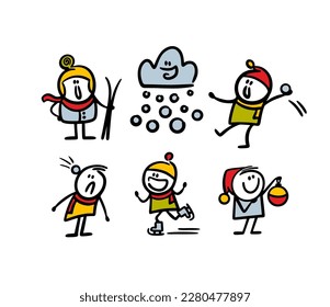 Set of cartoon winter games and doodle stickman characters in warm clothes for snow. Vector collection of illustrations skating and playing snowballs.