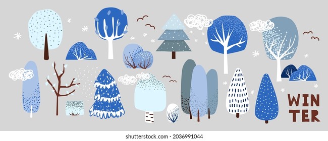 Set of cartoon winter trees and bushes. Modern landscape clip art. Vector hand drawn illustration.