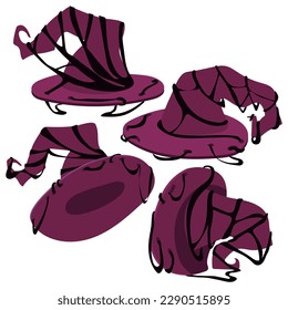 A set of cartoon witch hats, costume elements for a Halloween party. A set of illustrations of vector symbols of magical striped and eerily decorated hats. Collection of magical Halloween parties