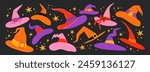 Set cartoon witch hats of various shapes.Doodle Halloween headdresses, retro 90s magic stickers.