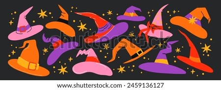 Set cartoon witch hats of various shapes.Doodle Halloween headdresses, retro 90s magic stickers.