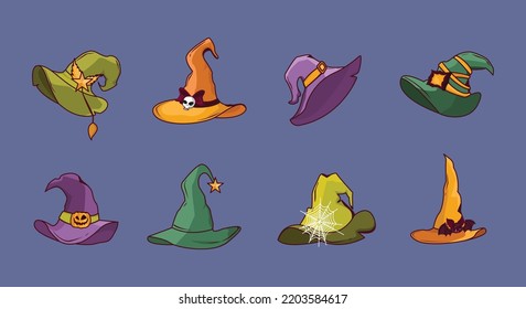 set of cartoon Witch, magician and witch hat or hat. Halloween holiday carnival vector hat illustration on colorful and purple background.