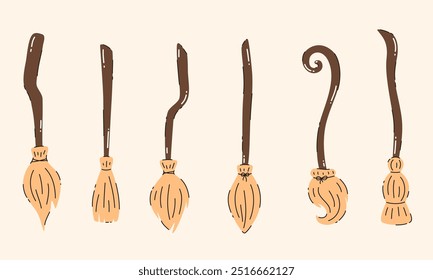 Set of cartoon witch's brooms. Flat vector illustration.