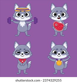 set caricatura lobo comer carne levantando dumbbell obtener medalla de oro vectorial ilustración