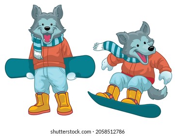 Set of cartoon wolf playing snowboard