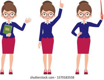 Set Of Cartoon Woman Teacher In Different Poses Stock Vector Illustration